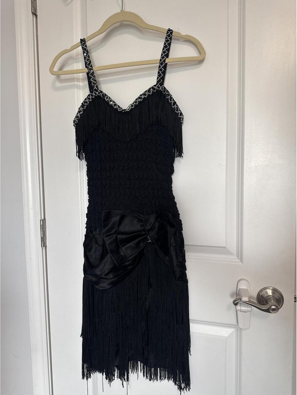 True Vintage Black Fringe Dress with Sequin and Bow Detail Size 9/10